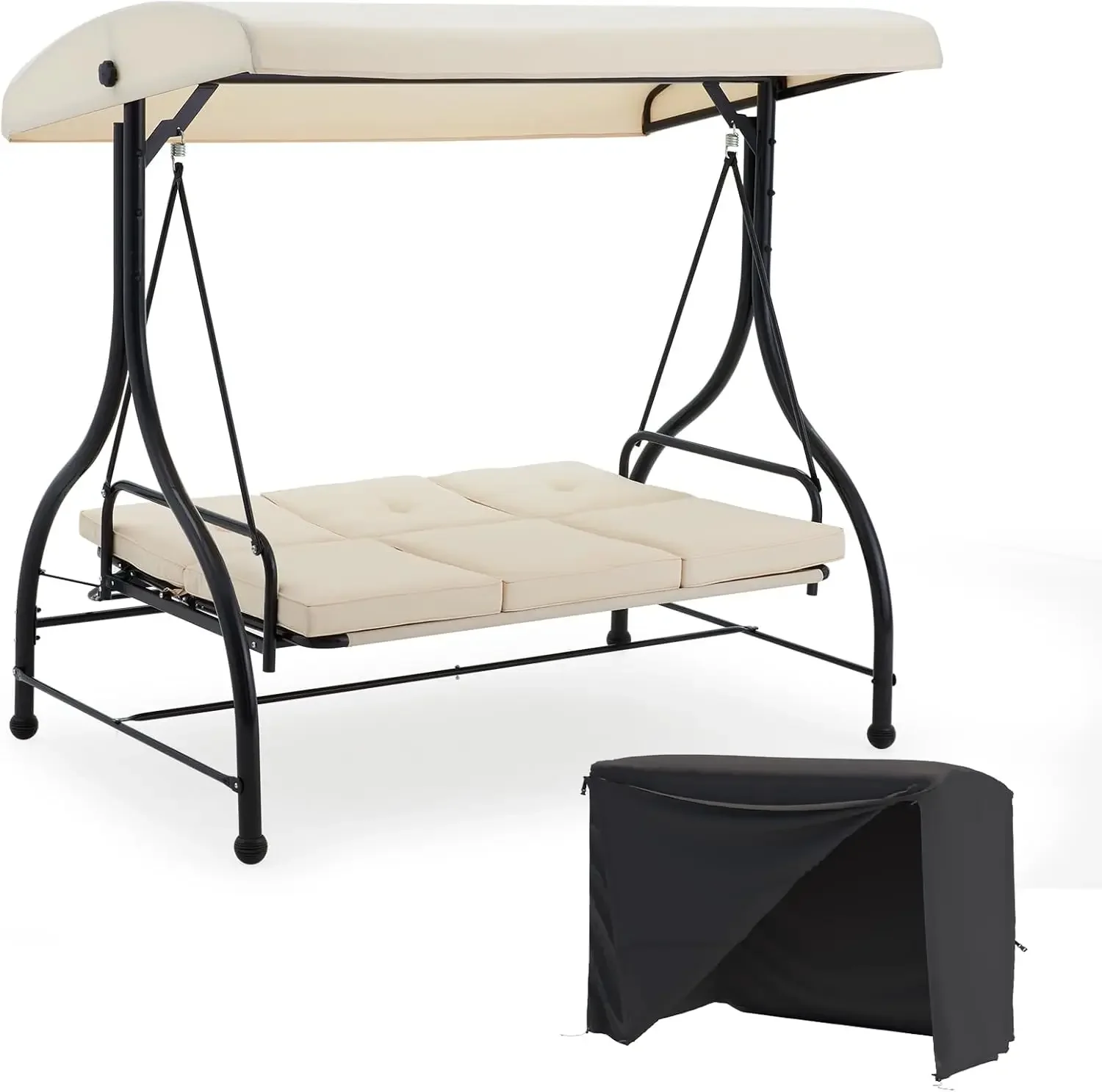 

Porch Swing with Cover, Patio Swing with Adjustable Backrest&Canopy 3 Seat Outdoor Swing with Canopy 2-in-1 Convertible