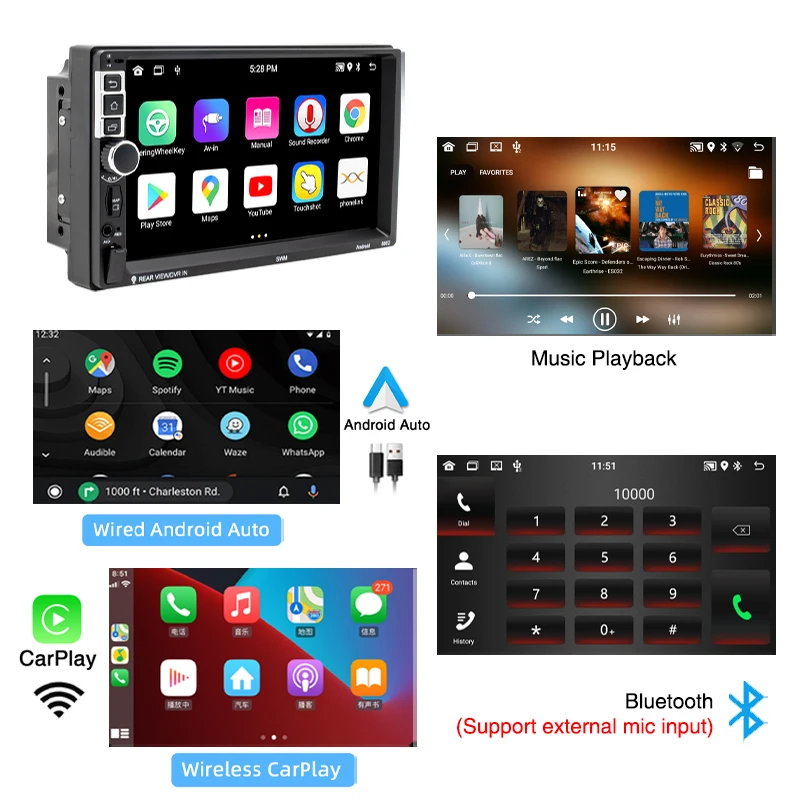 Autoradio Android, 2 Din, Sans Fil Carplay, Bluetooth, Mains Libres, Navigation GPS, RDS, Wifi, USB, TF, Lecteur Multimédia, Unité Centrale 8802