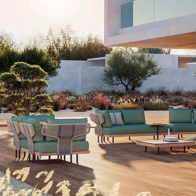 أريكة حبل خارجية للفنادق، إقامة منزلية، فيلا من خشب الساج، فناء حديقة، شرفة مقاومة للماء، طاولة أريكة واقية من الشمس ومجموعة كرسي #5