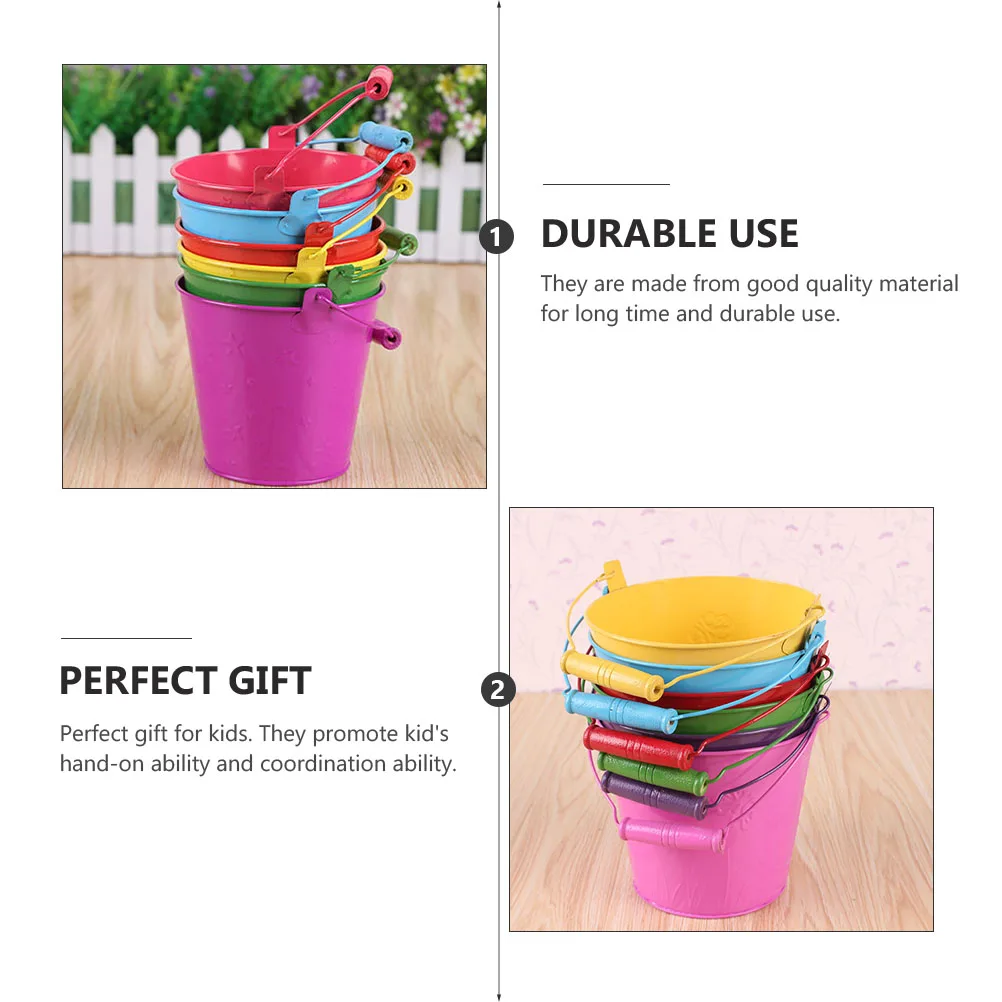 Cubo de playa para niños, juguete colorido con mango de madera, regalo, tamaño pequeño, ligero, divertido, herramientas de juego de arena, 6 uds.