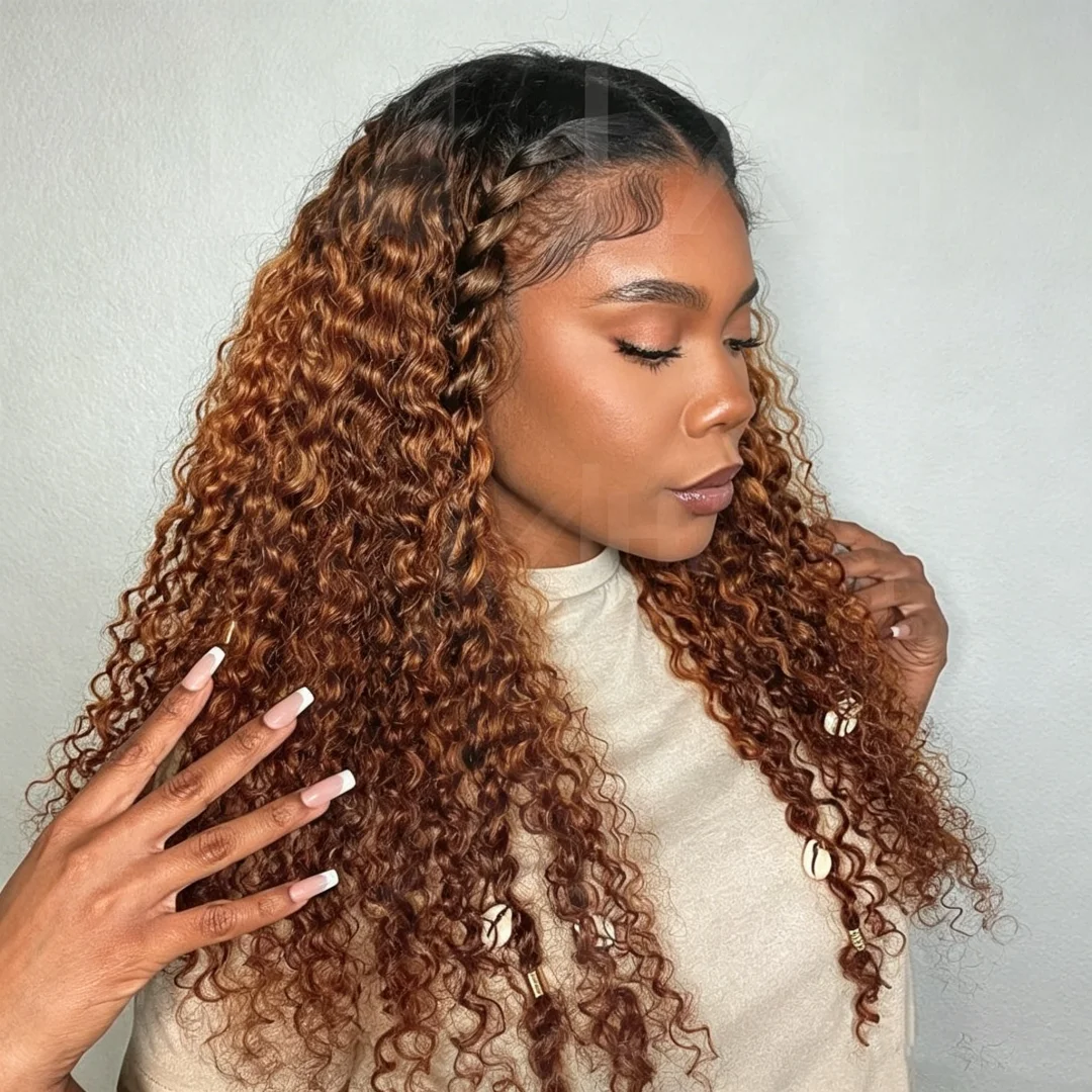 

Glueless 26Inch Long Ombre Blonde Brown 180Density Kinky Curly Lace Front Wig For Women Baby Hair Synthetic Preplucked Daily