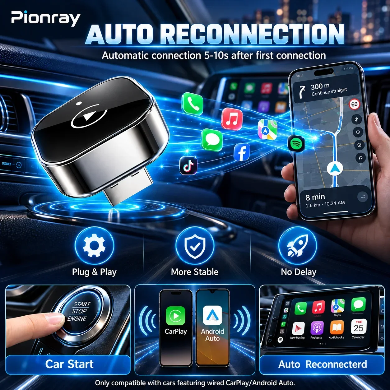 2026 Pionray Upgraded Wireless CarPlay Adapter Stable Transmission No Delay Convert Wired CarPlay to Wireless CarPlay