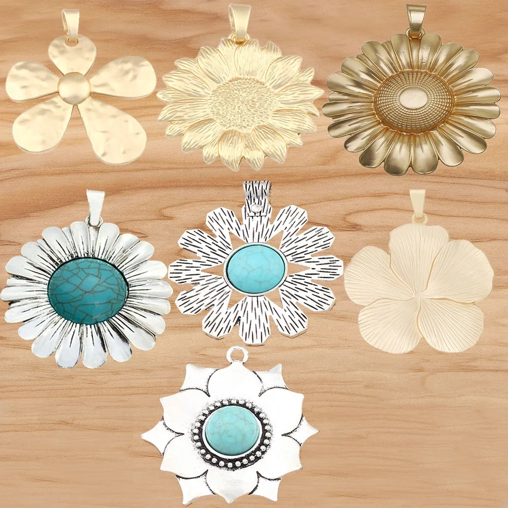 1 Piece Matte Gold/Faux Turquoise Color Large Flower Charms Pendants For Fashion Necklace Jewellery Making Findings Accessories