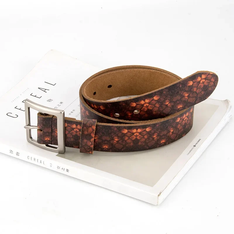 ニューウーマンスクエアヘッドシルバースネークパターンパーソナライズドニードルバックルベルトレトロラグジュアリーデザインハンドメイド牛革ジーンズベルト