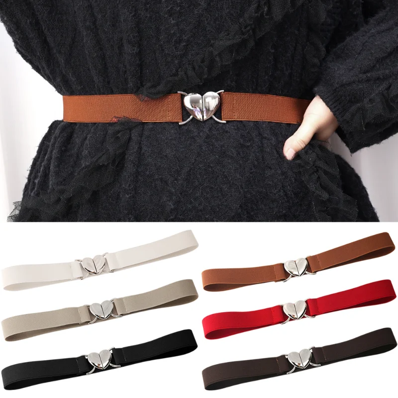 

2023 Fashion Thin Elastic Stretch Waistband Love Heart Metal Buckle Belt for Women Cinch Waist Seal Cummerband Accessories