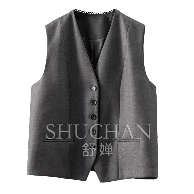 British 80% Worsted Wool + 20% Linen V-neck Suit Vest Women Sleeveless Jacket Women Waistcoat