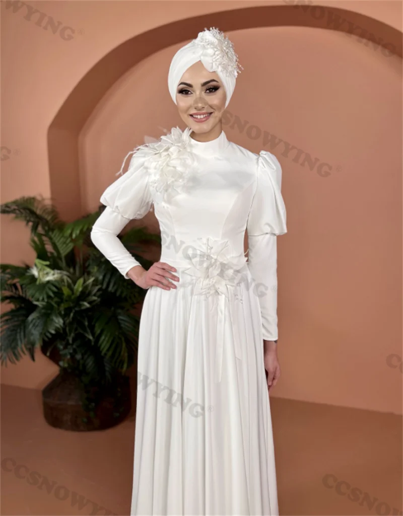 Chiffon Appliques Muslim Wedding Dress for Bride Islamic Long Sleeve High Neck Bride Gown Saudi Arabia Robe De Mariée