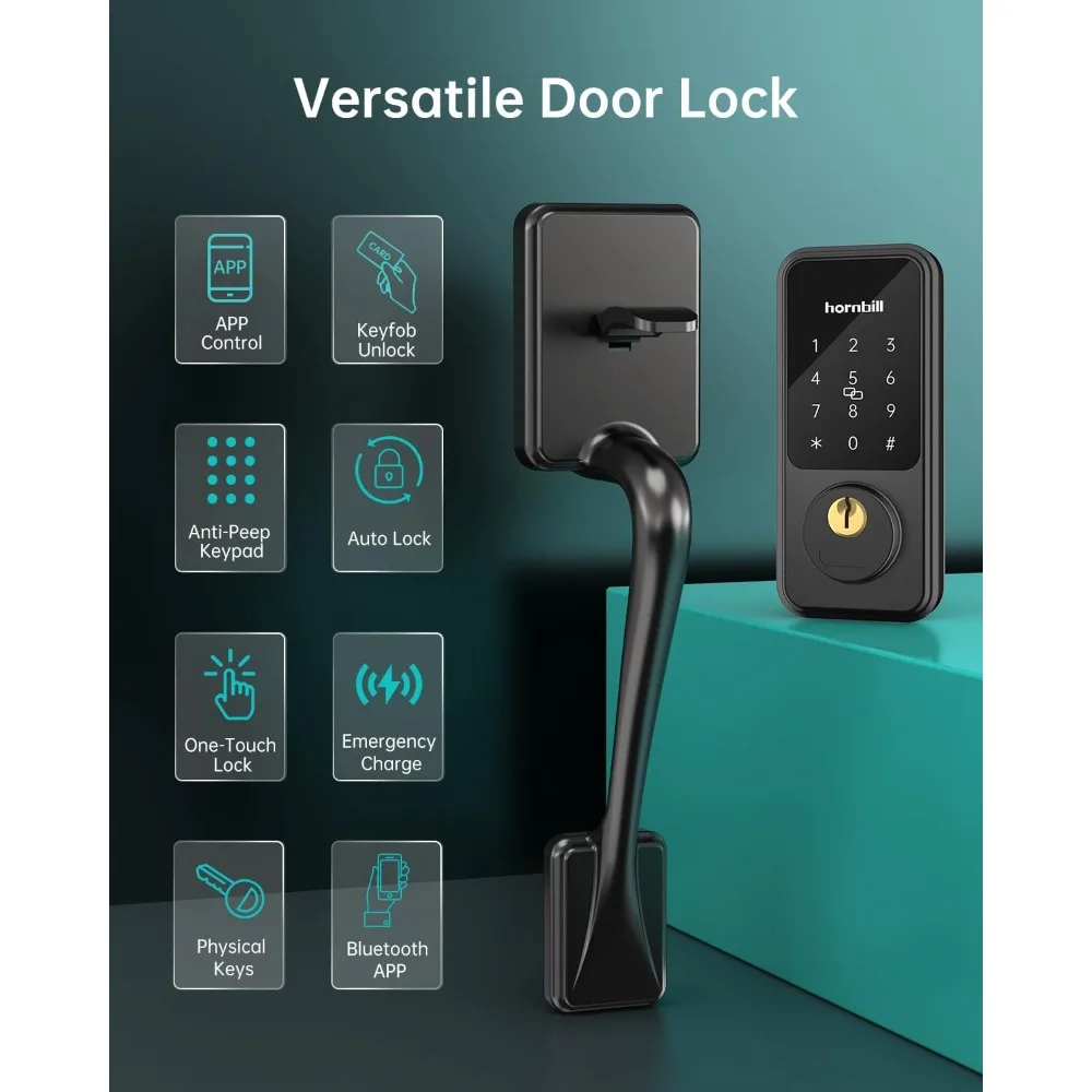 Front Door Lock Keyless Entry: Hornbill Smart Front Door Handle Sets, Electronic Keypad Smart Deadbolt with Handles, Digital Tou