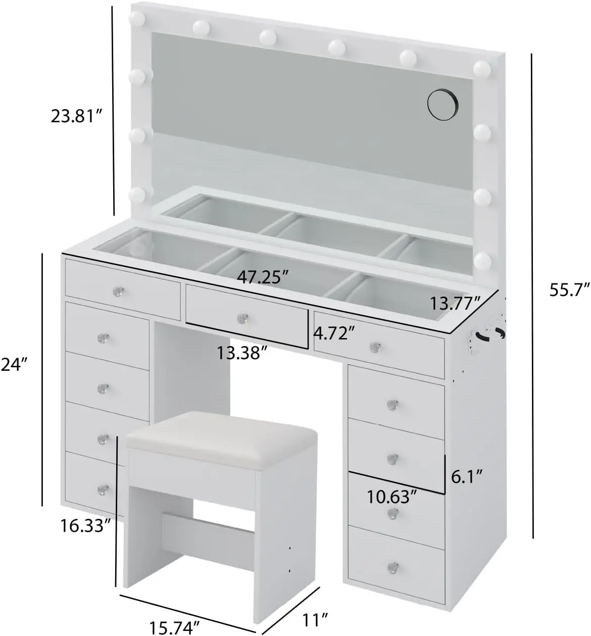 Desk with Power Outlet, Makeup Vanity with Mirror and 12 LED Lights, 3 Lighting Modes, 11 Drawers Vanity Table with Chair