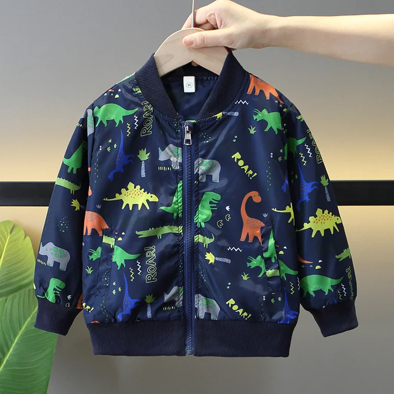 Giacche per ragazzi primavera autunno bambini cerniera sottile giacca a vento cappotto Casual cartone animato dinosauro capispalla per bambini