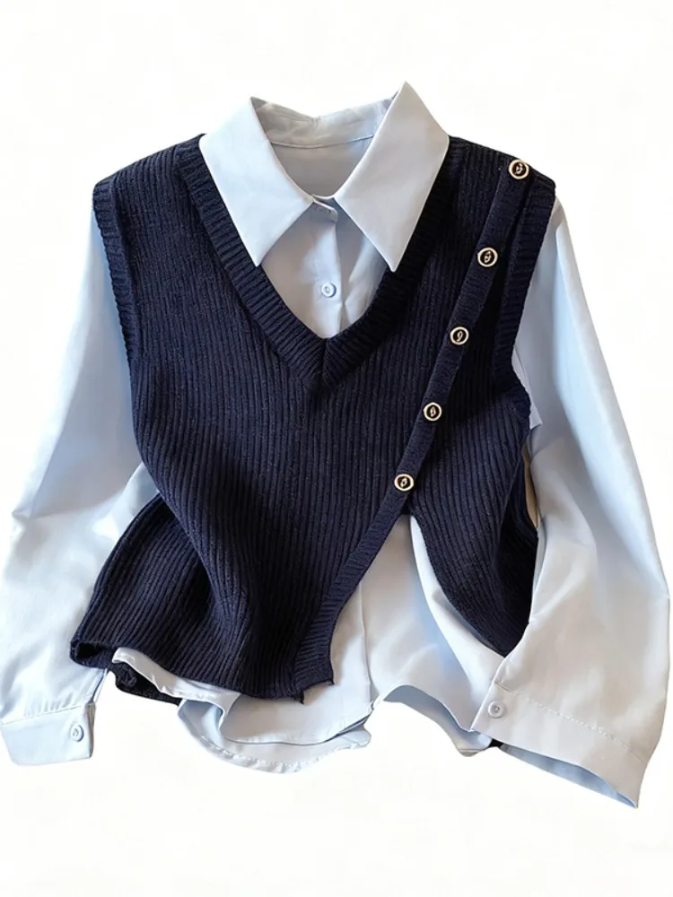 秋の新作 Sle レディース ロングスリーブ カラーニットベスト イレギュラーVネック ツーピースセット オリジナルデザイン ストレートカット