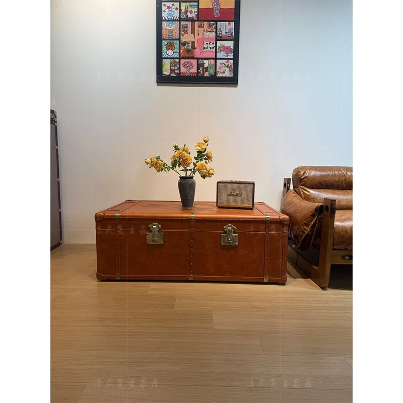 Medieval style living room leather case, coffee table storage box, retro oil wax leather hard box, coffee table rectangular coff view 5