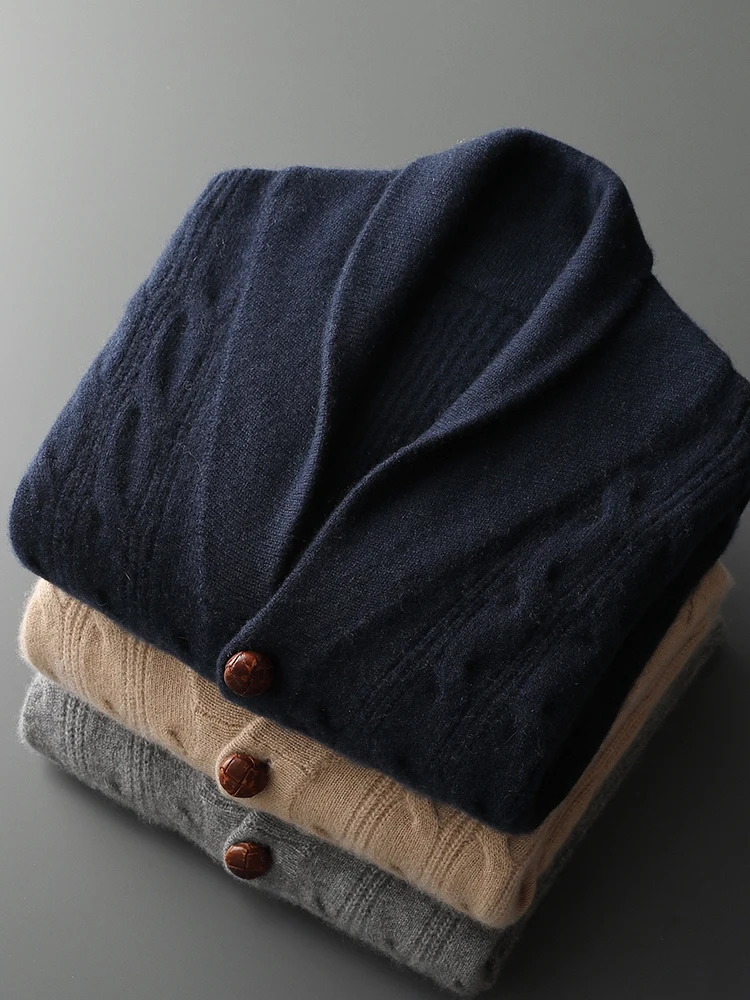 CHICUU الفاخرة الرجال 100% سترة الكشمير المعنقة شال طوق سترة معطف سميكة مريح الكشمير تريكو الخريف الشتاء الذكية عادية #6