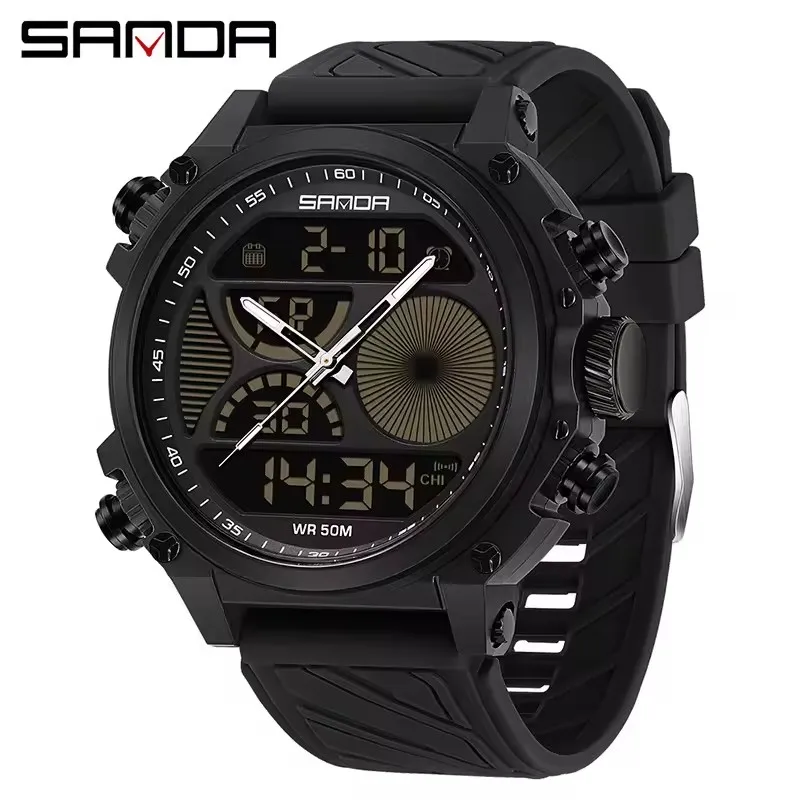 SANDA 6236 Men's Quartz Watch Fashion Sports Waterproof Dual Display Multifunctional Silicone Strap Wristwatch for Male