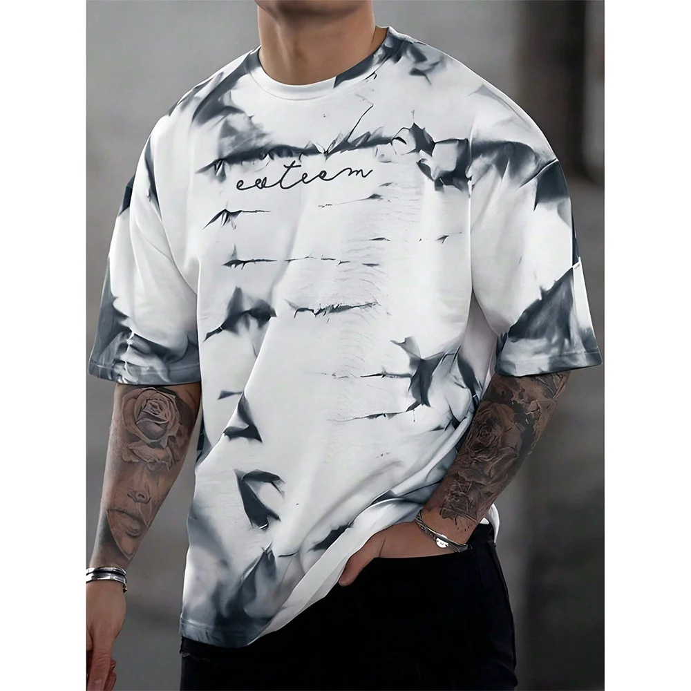 2024 Summer Tie-dye Printed Men\'s T-shirt Loose Casual Daily Large Size O-Neck Street T-shirt Gym Fitness Short Sleeves T-shirts