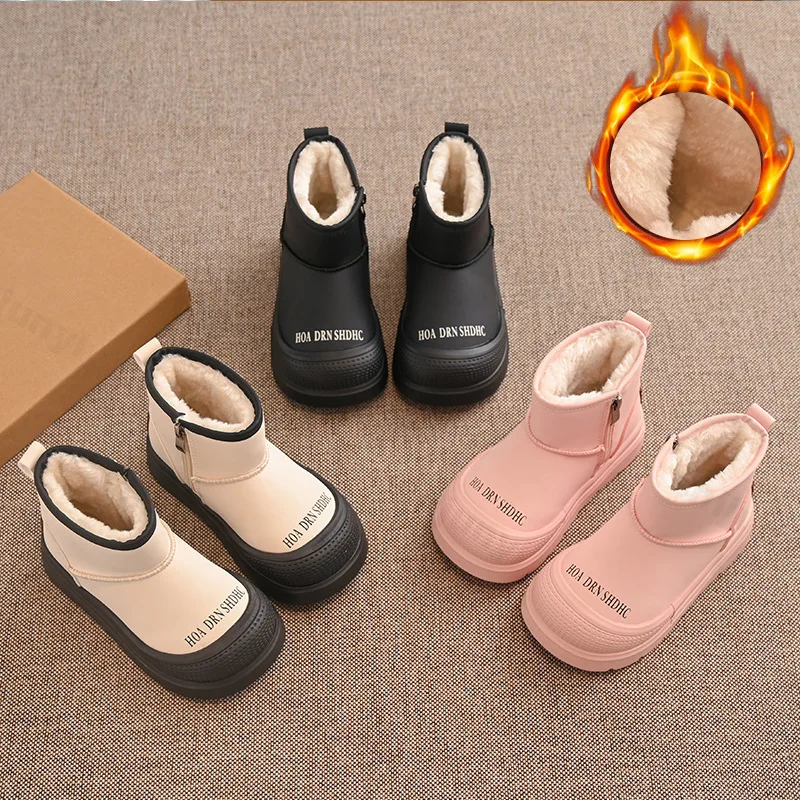 

Зимние модные универсальные плюшевые короткие зимние ботинки для девочек 202, детские теплые толстые бархатные нескользящие повседневные хлопковые ботинки на массивном каблуке