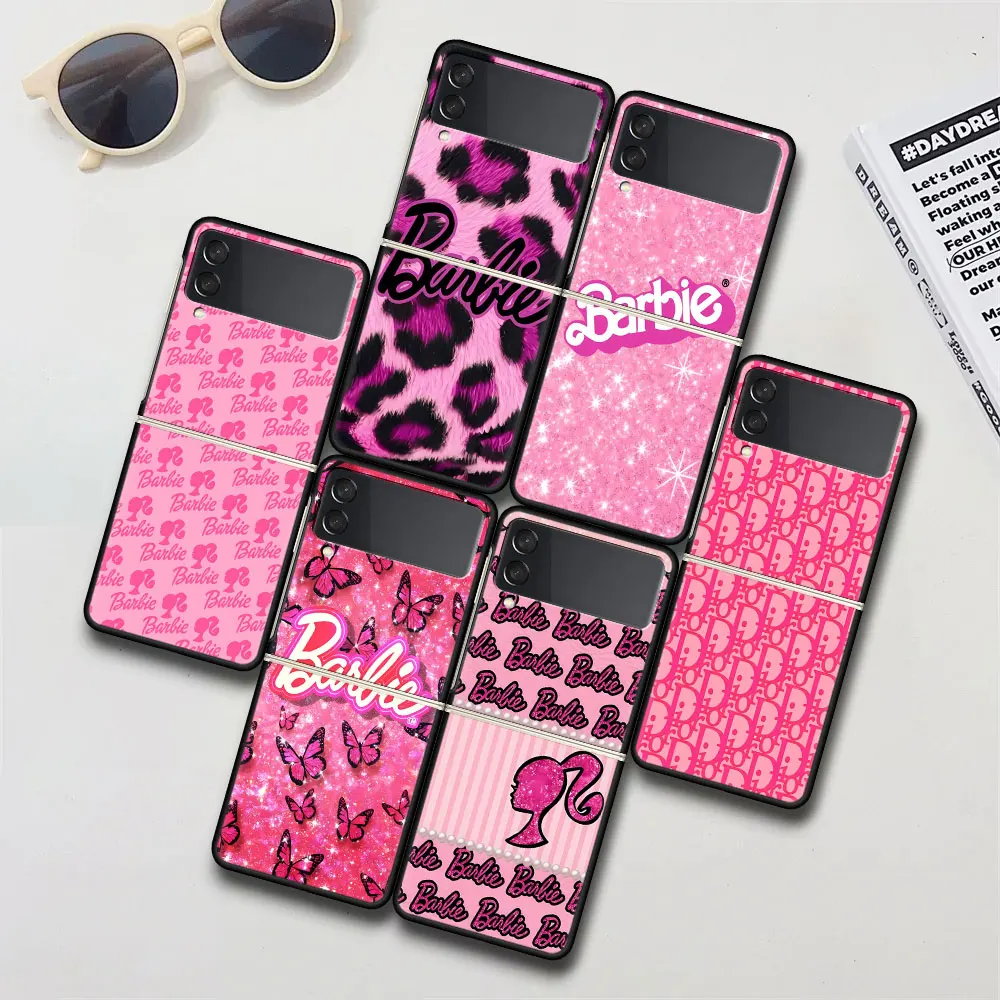 Barbie Cute Pink Doll Case for Samsung Galaxy Z Flip 4 3 5G Black Hard PC Cover Zflip4 Zflip3 Mobile Phone Coque Flip4 Flip3