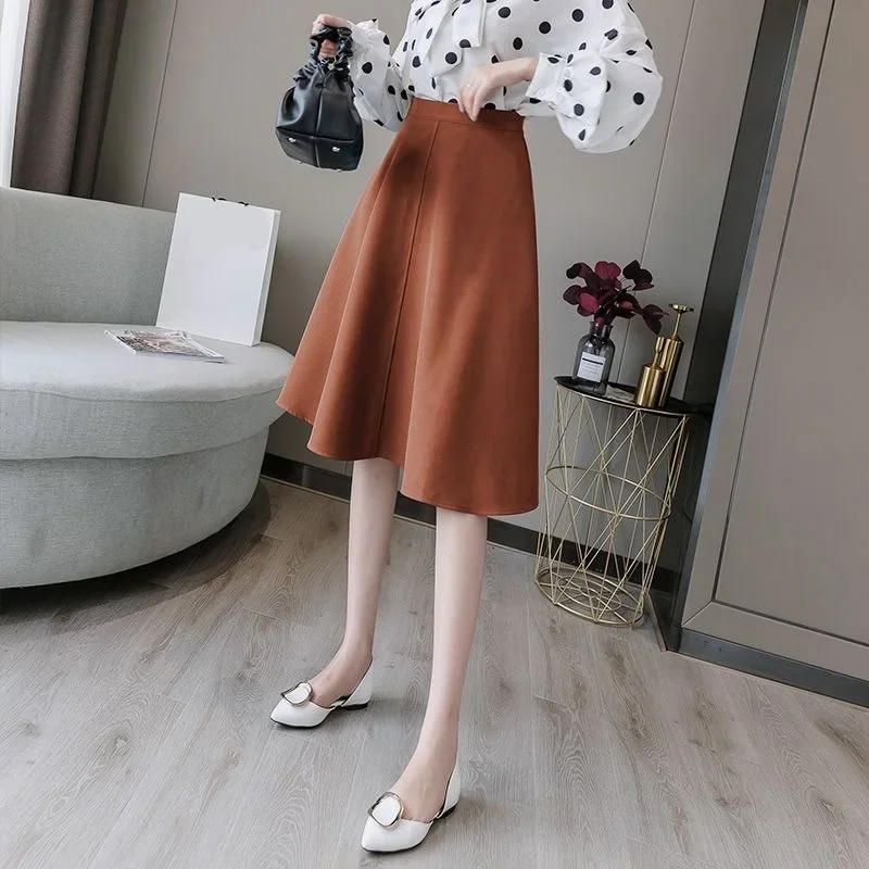 Vinatge Faux Suede Skirt for Women Autumn Winter A Line High Waist Skirts Woman Solid Color Knee Length Skirt Female