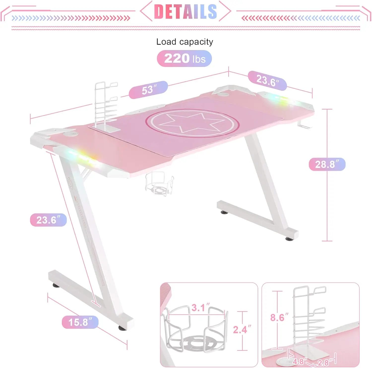 53 Inch Pink Gaming Desk, Gaming Computer Desk with RGB LED Light, Large Z Shape Racing Table with Split Joint Desktop Mouse Pad