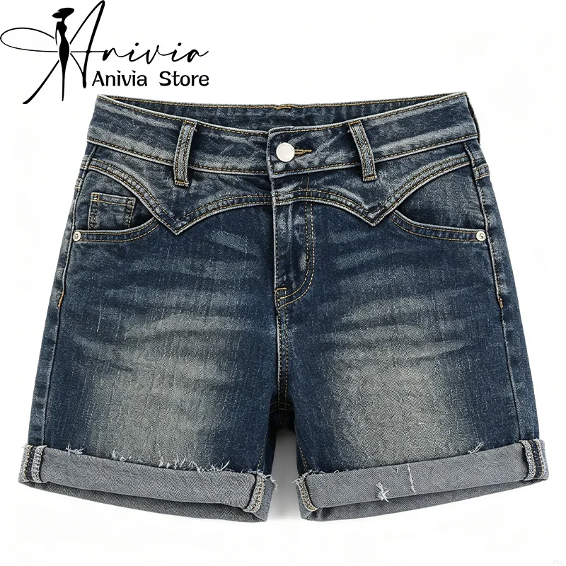 Women's Blue Cuffed Casual Denim Shorts Cargo Y2K Harajuku High Street 2000S Style American Fashion Retro Jeans Shorts Clothing