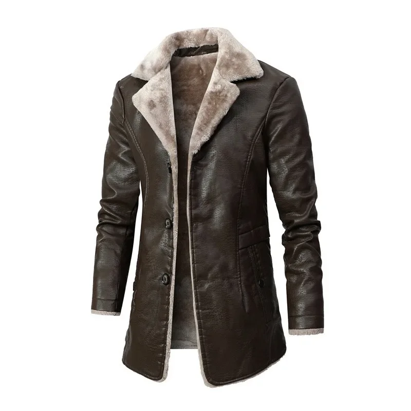 Men's Autumn/WinterLong-Length PU Leather Jacket Business Style European Sizing Fleece Lining Lapel Design Warm Season Outerwear