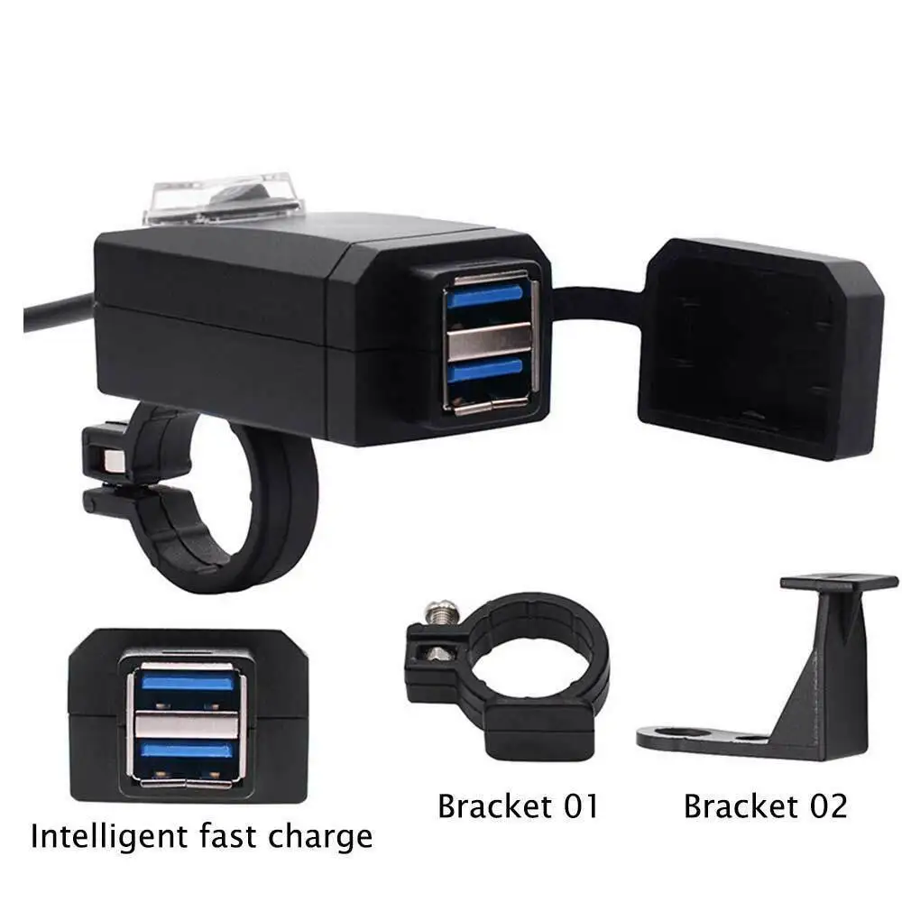 Motorcycle Black Dual USB Port 12V-24V Waterproof Motorbike Handlebar Charger QC3.0 Adapter Power Supply Socket For Phone Mobil