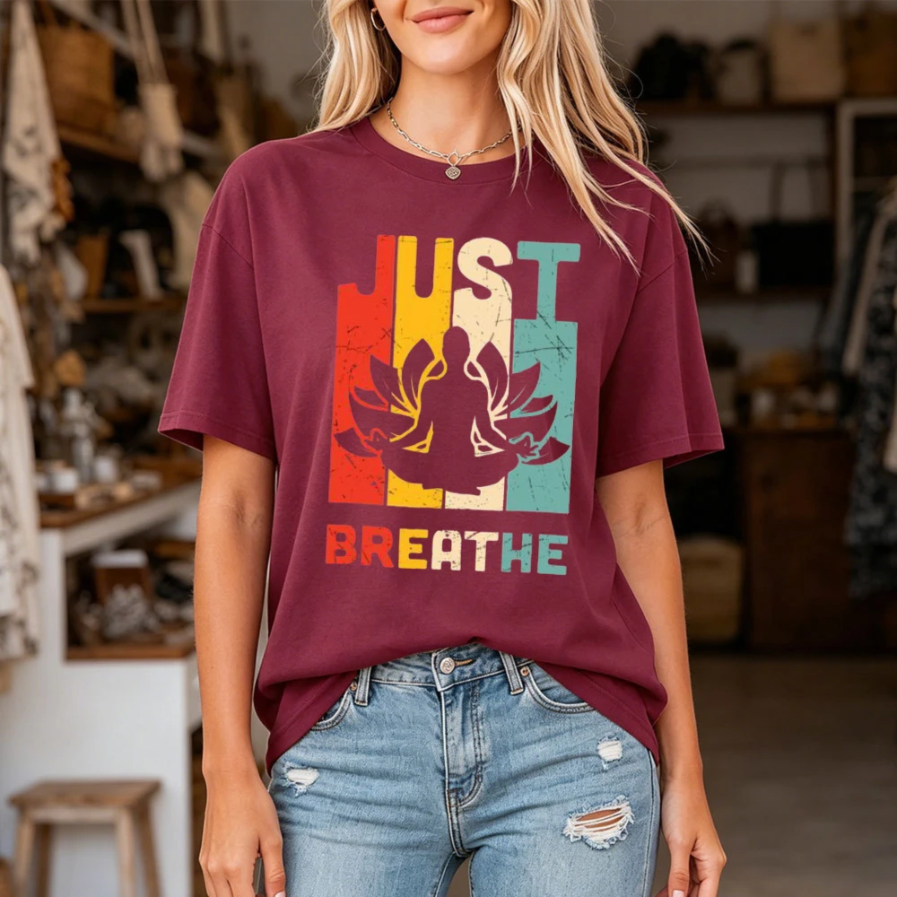 Just Breathe Lotus Yoga Women T-Shirt Casual Summer Short Sleeve Cotton Fashion Top Vacation Trip Gift For Her