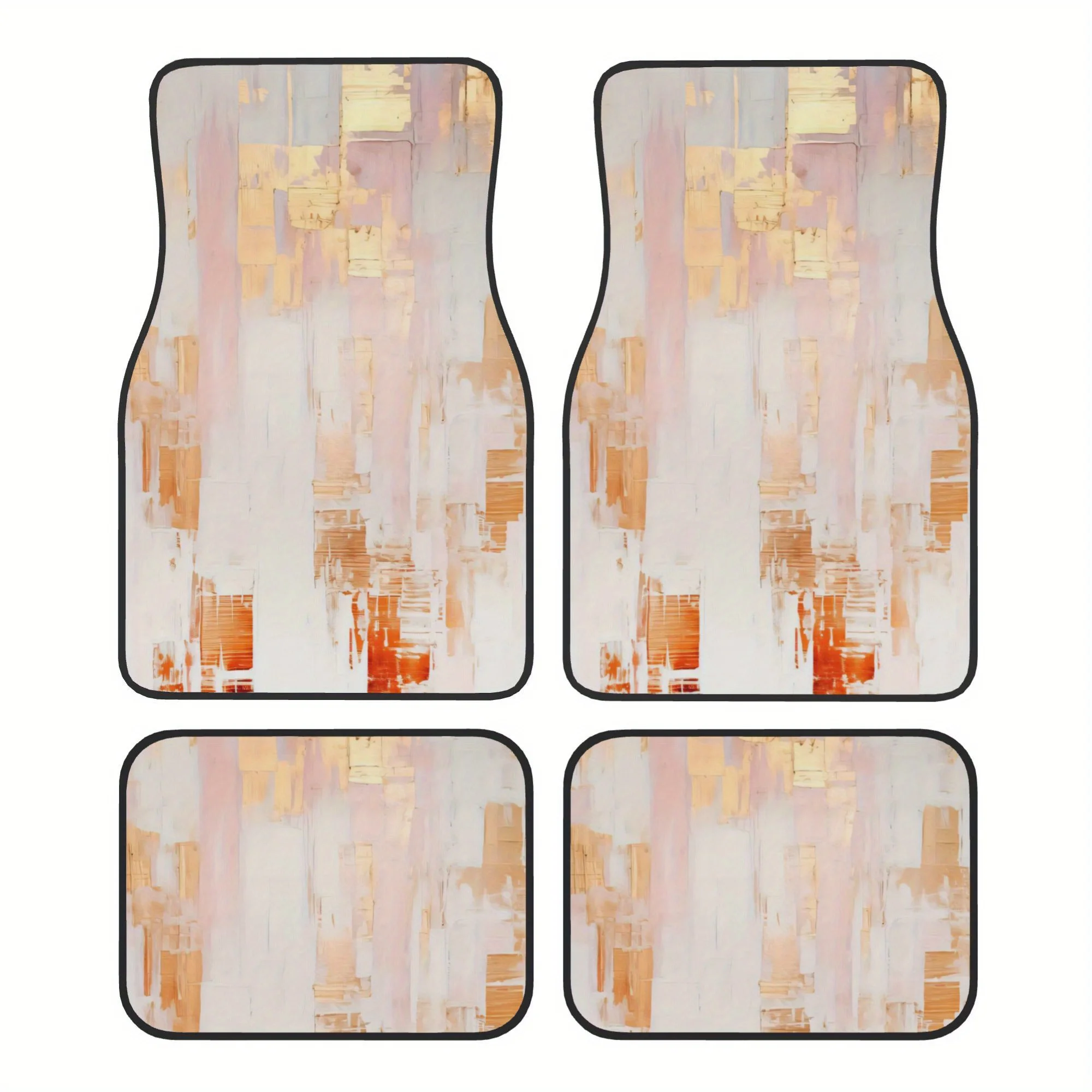 Set Of 4 Abstract Cityscape Paintings Featuring Numerous Buildings, Designed As Universal Car Floor Mats Made From Polyester. Th