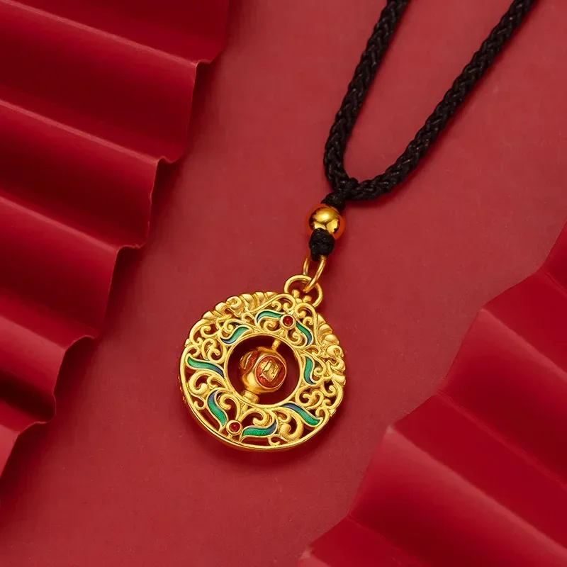 Christmas 24K Yellow Gold Vintage Burned Blue Pendant, 9999 Real Gold Necklace Fashion Birthday Wedding Christmas Charm Fine Jew