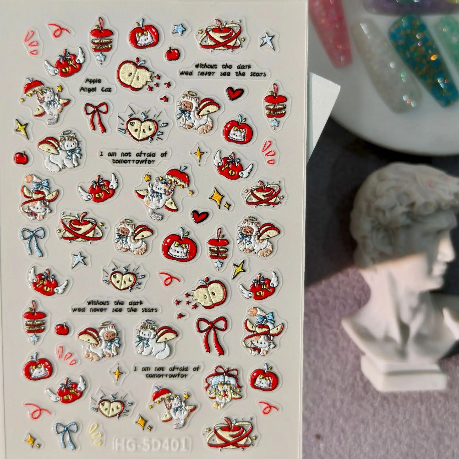 1 Set 5D Embossed Apple Cat Nail Stickers Cartoon Self Adhesive DIY Manicure Nail Art Decor Ornaments