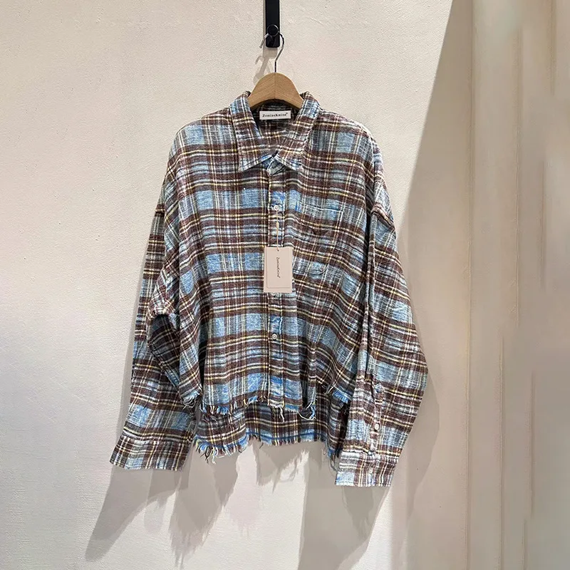 

Niche 2023 autumn new hair edge shirt shirt fashion plaid long-sleeved loose shirt men and women the same