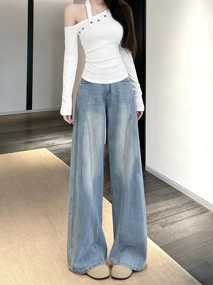 High Waist Loose Fit Blue Jeans Women plus Size Conceal Meat Lazy Wide Leg Long Pants Casual Style Zipper Closure Straight Tube
