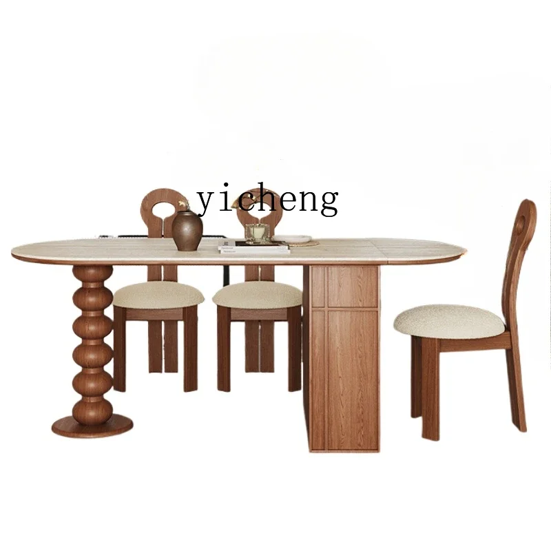 TQH retro travertine rock slab dining table oval foldable storage medium antique solid wood retractable island dining table