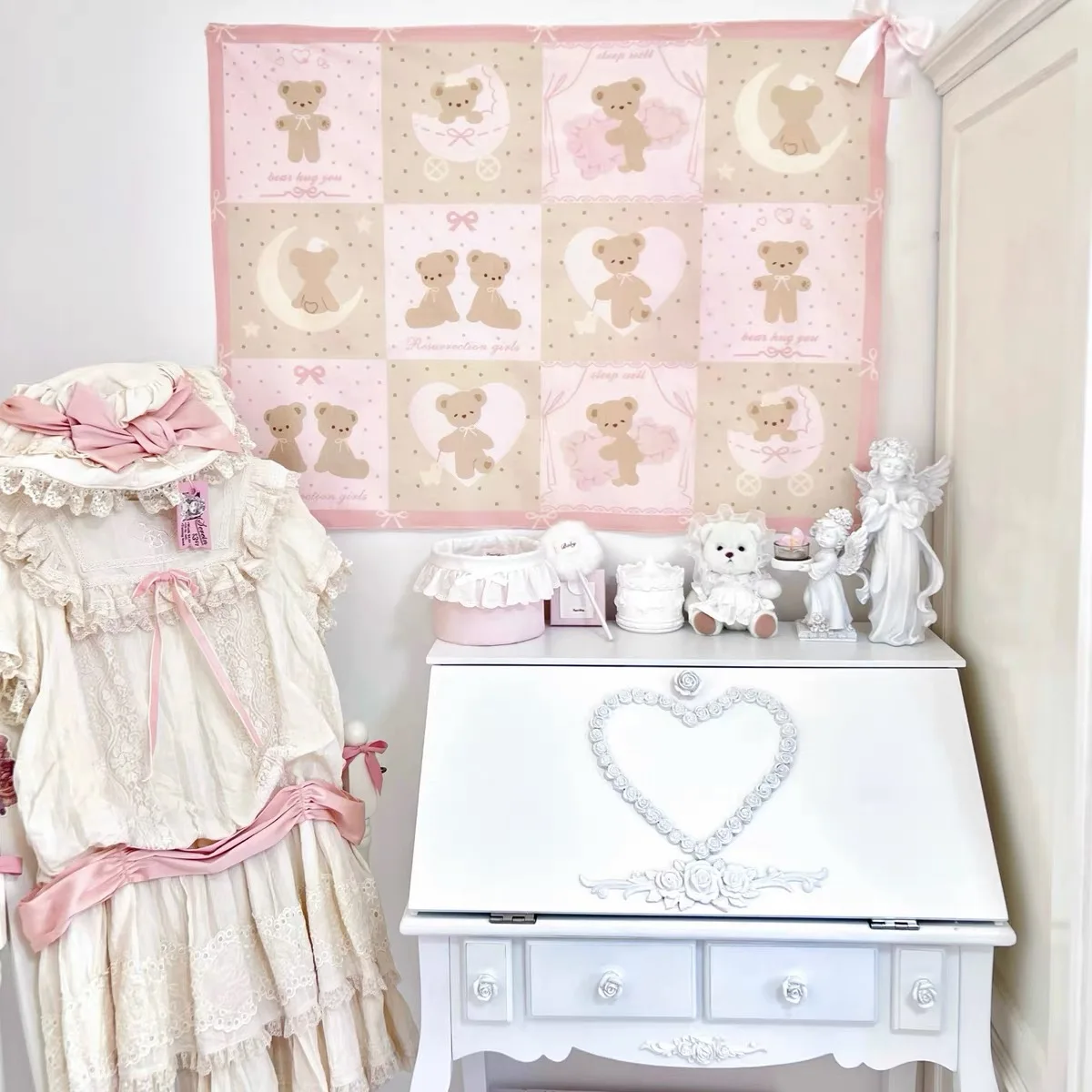 INS Cute Bear Hanging Cloth, Cartoon Pink Tapestry