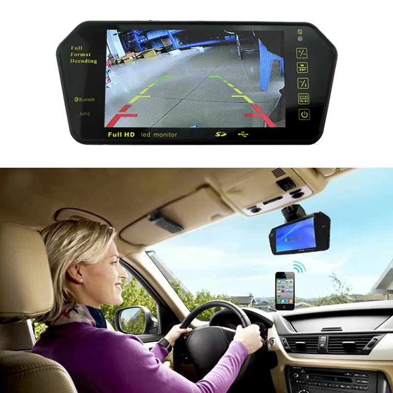

Car TFT LCD Monitor Bluetooth Full HD 7" Display Rear View Mirror Universal USB TF Slot For Backup Camera or GPS navigator