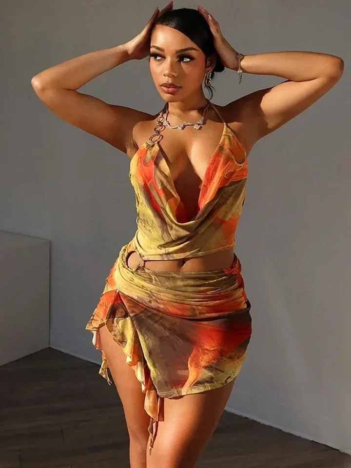 فستان مثير Y2K مطبوع عليه نادي الحفلات فستان مكشكش صغير للنساء صيفي بربطة عنق بدون ظهر فساتين سهرة سبليت