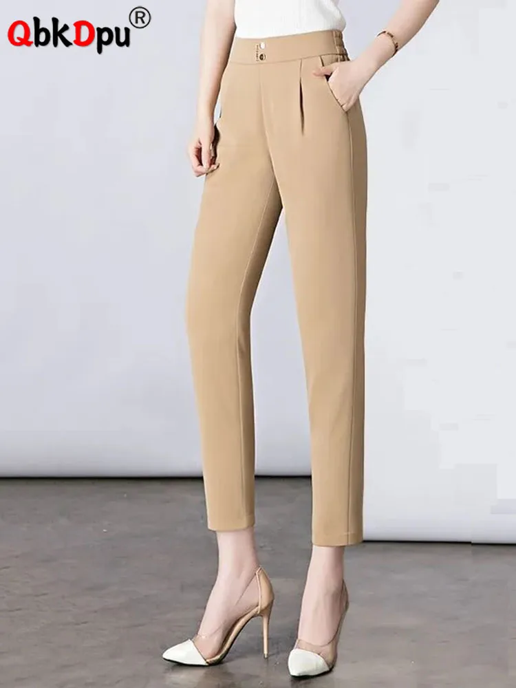 Oversize 75kg wysokie spodnie haremowe damskie lodowy jedwab spodnie koreańskie klasyki Khaki Slim Summer Office formalne pantalony