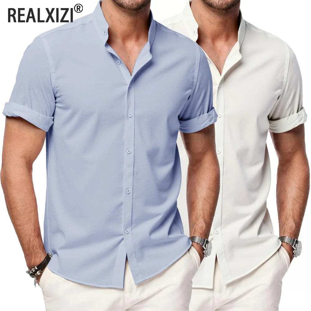 

Summer Men's Short Sleeve Shirts Solid Color Stand Collar Loose T Shirts Breathable Loose Youth Basic Shirts Men Versatile Top