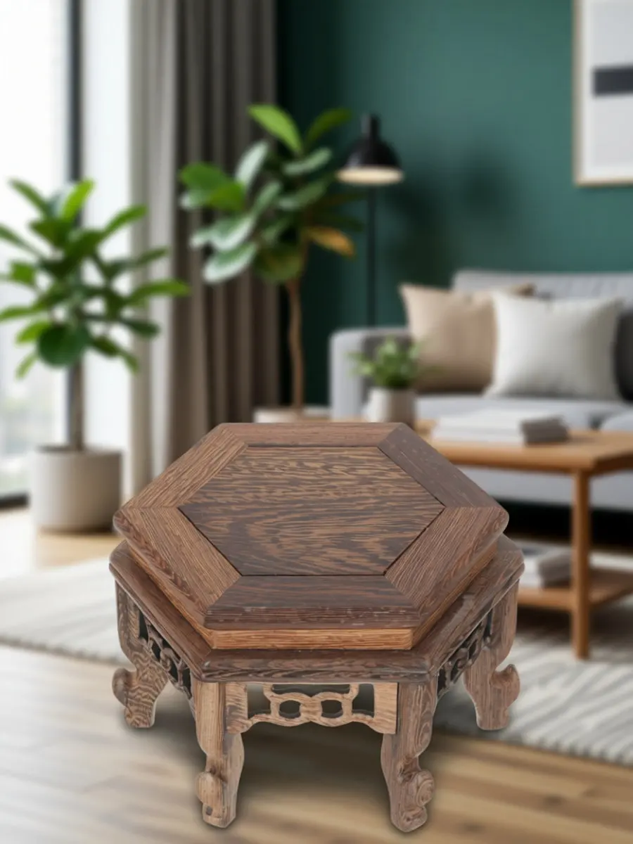 Hexagonal Wood Plant Stand for Indoor Potted Plants Flowerpots Vases Urns Tea Pots Desktop Display Shelf Space Saving Rustic