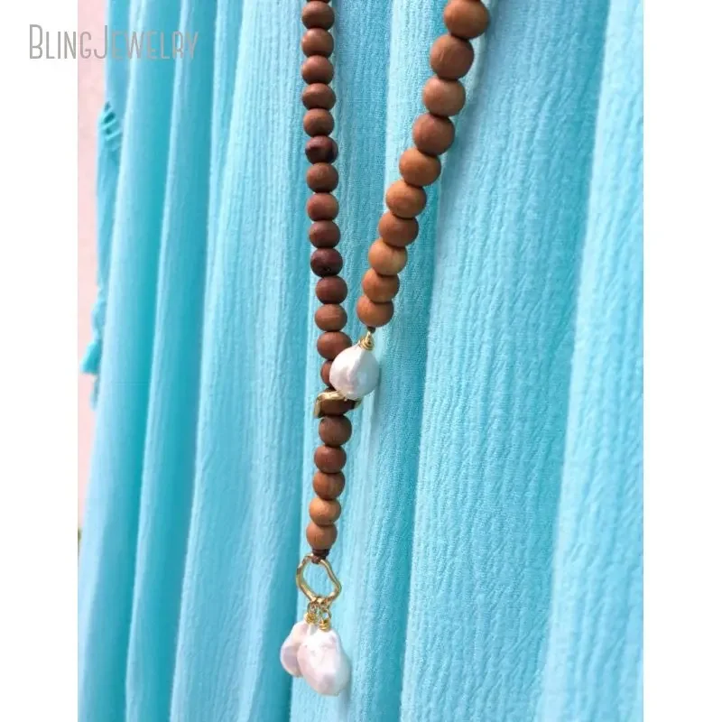 10pcs Lariat Freshwater Baroque Fireball Nuclear Pearl Necklace Long Sandalwood Wood Bead Grunge Y2k Jewelry Collares