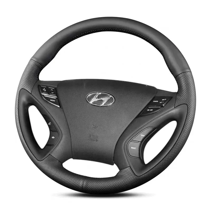 

For Hyundai Sonata 8TH 2011-15 Black Leather DIY Hand Sewn Steering Wheel Cover Interior Handle Cover