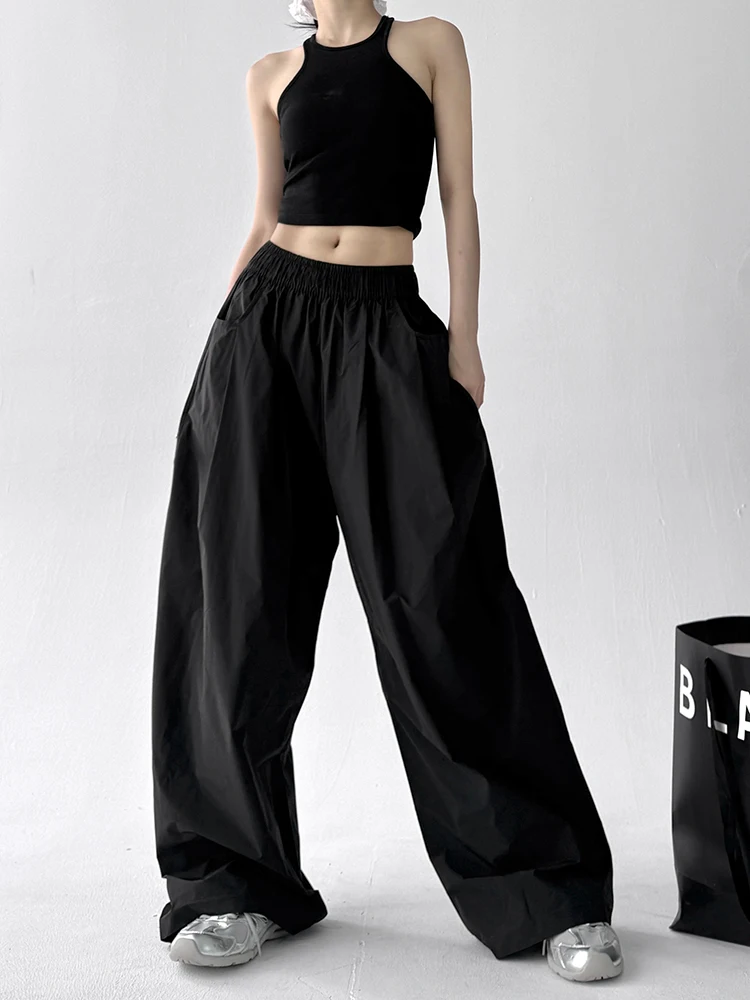 กางเกงขายาวทรงหลวมเอวสูงผ้าบางแห้งเร็วสำหรับผู้หญิง ฤดูร้อน 2025 สไตล์ลำลอง ผ้าผสมคอตตอนใส่สบาย