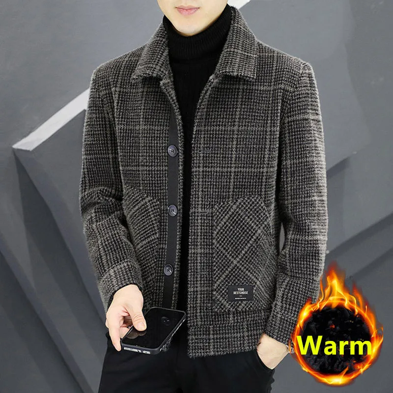 2026 New Men's Business Casual Woolen Jacket Autumn Winter Thickened Warm Plaid Slim Lapel Button-up Coats High-end Men Clothing