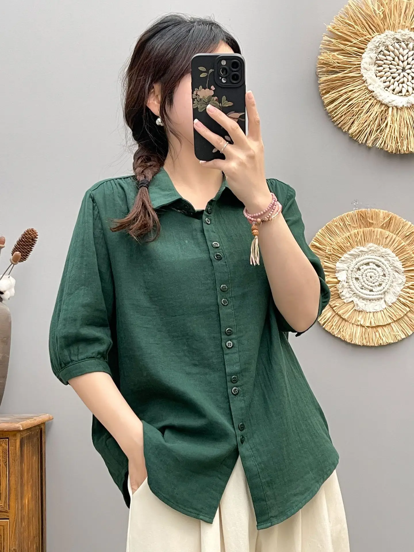 Korean Summer New Simple Short-sleeved Shirt for Women's Mid-sleeved Double-layer Cotton Yarn Soft and Casual