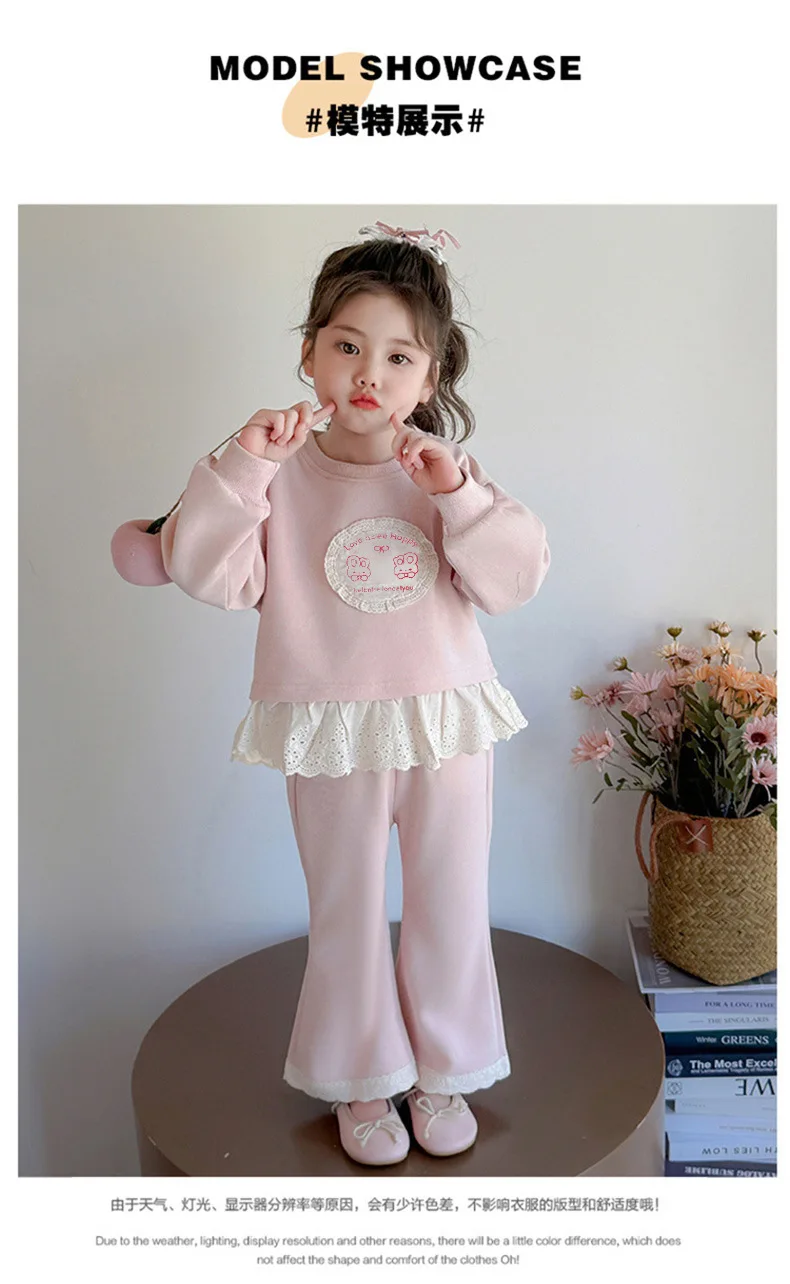 2026 Neues Herbst-Set für Mädchen, 2-teilig, Kinder-Sweatshirt mit süßem Muster, Spitze und Rüschensaum, Hosenanzug, lässiges Prinzessinnen-Outfit für Kinder, 0-10 Jahre – Detail 6