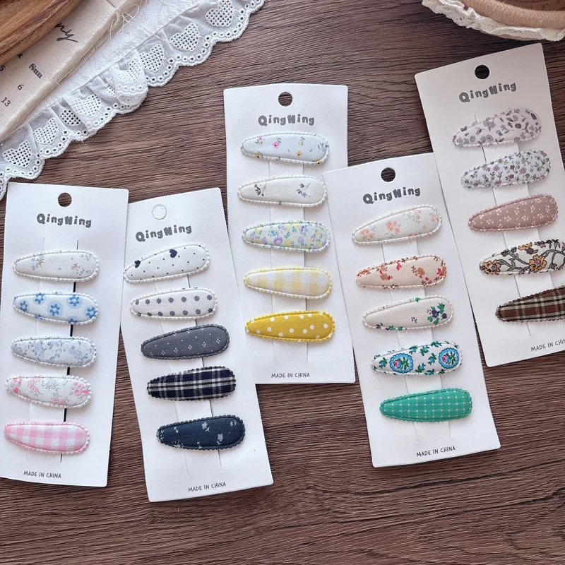 5Pcs Girls Floral Fabric Snap Hair Clips Japanese Sweet Plaid Print BB Clips Cute Kids Bangs Barrettes Hair Accessories Gift Set