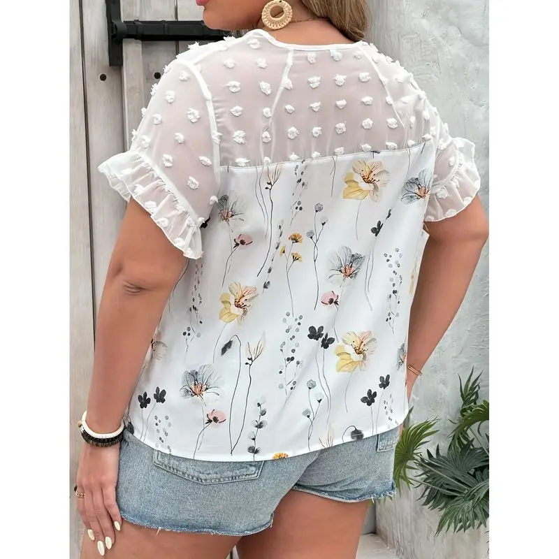 

Ele plus Size Floral Print Dot Blouse Patchwork V Ne Cleanfit Thiened Ladies Inner Wear A-Line Sve Midi Blouse