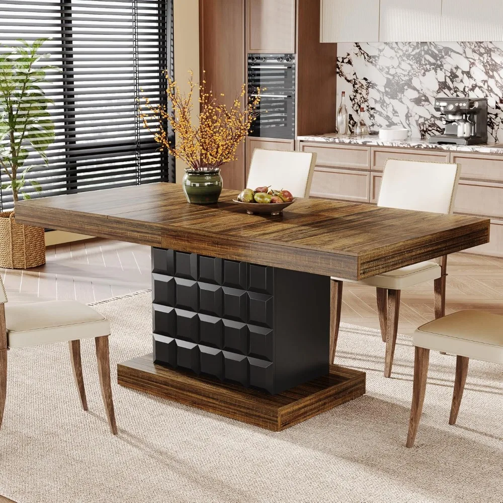 

63'' Dining Table for 4-6, Farmhouse Wooden Rectangular Dinner Table with Geometric Relief, Pedestal Base (Brown and Black)