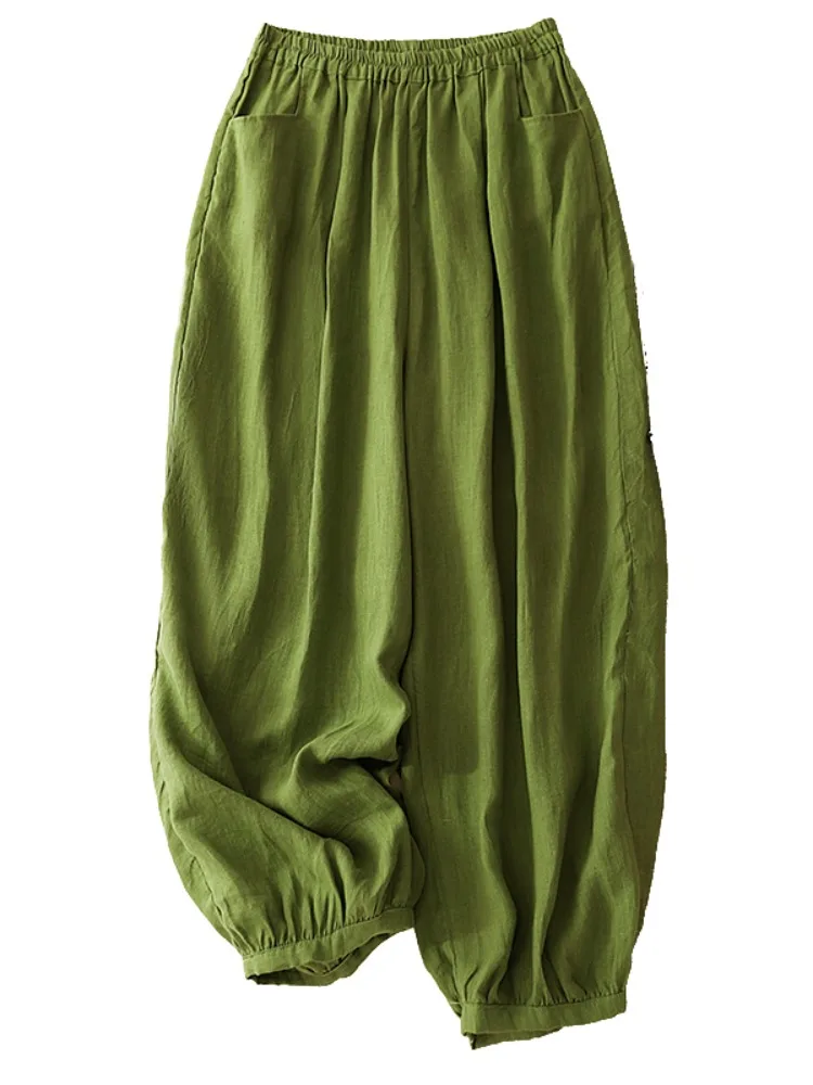 Pantaloni lanterna estivi in cotone e lino sottile da donna Elastico in vita di grandi dimensioni Nascondi pantaloni di lino casual a gamba larga per mamma sottile