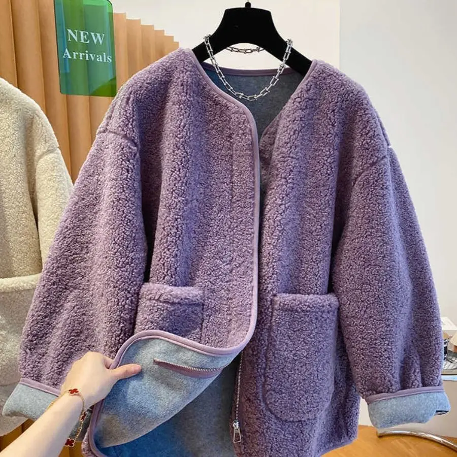 Fashion Korean Version Loose Slim Single breasted Lamb Fleece Coat for Women's High Grade Fur One Piece Thickened Lamb Fleece Co